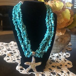 NWT Erica Lyons Necklace Aqua Beaded with Clear Rhinestone Starfish  Pendant